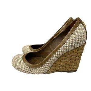 TORY BURCH Brown Leather Fabric Wicker Wedge Heel Shoes Women's Size 6 1/2 (6.5)